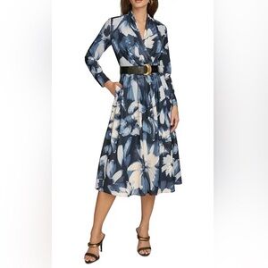 New Donna Karan Belted Floral Midi Dress 10 Pockets V-neck Blue Black White NWT